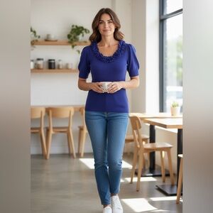 Royal Blue Short Sleeve Knit Top With Ruffle Neckline
